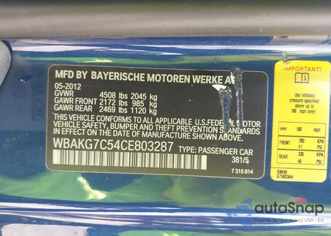 2012 BMW 335I z USA, uszkodzony, nr VIN WBAKG7C54CE803287